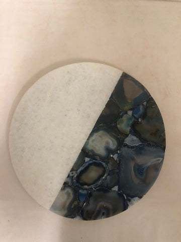 48173: White Marble and Blue Agate Halves Round Tray 12"