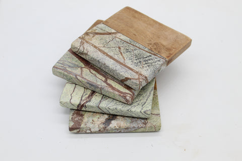 50465: Green Marble with Acacia Wood Square Coasters - Set of 4 - Jodhshop