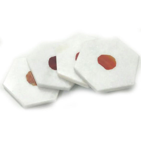 50906: White Marble & Red Agate Hexagon Coasters - Set of 4 - Jodhpuri Online