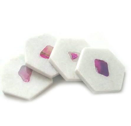 50913: White Marble & Magenta Agate Hexagon Coasters - Set of 4 - Jodhpuri Online